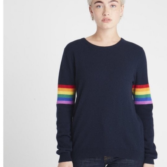 Jumper1234 Navy cashmere Sweater with Rainbow Stripes - Picture 1 of 9